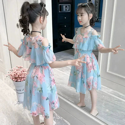 Thin Girl Summer Dress Robe Fille Floral Chiffon Princess Dress Children's Clothing Summer Girls Casual Dresses Kids Vestidos