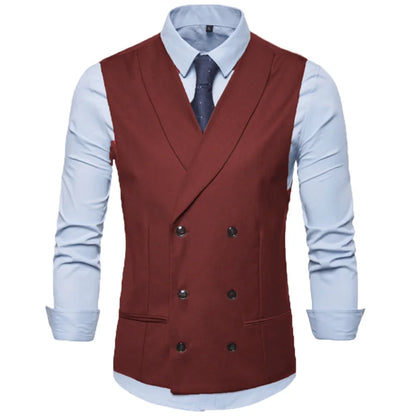 Men Vest Black Solid With Lapel Double Button Waistcoat For Regular Slim Wedding Banquet Business Work Men Suit Vest