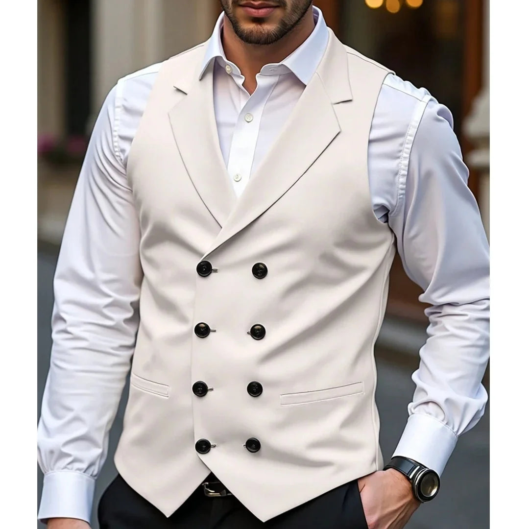 Men Vest Beige With Lapel Solid Double Button Waistcoat For Wedding Birthday Banquet Business Casual Daily Men Suit Vest