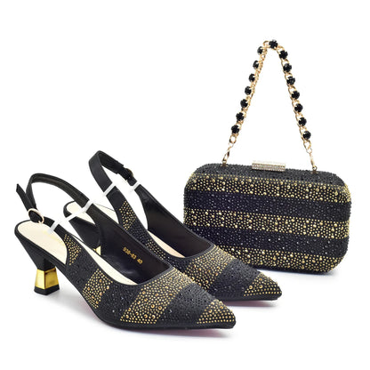 New Fashion Women Nigerian Italian Shoes and Bags Set Decorated with Rhinestone Elegant Woman Heeled Shoes Wedding Leather Shoe