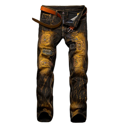 2026 New Men's Yellow Jeans, Blue Stretch Biker Trousers, Broken Hole Jeans, Fashion Popular Men Denim Pants Big Size 29-42