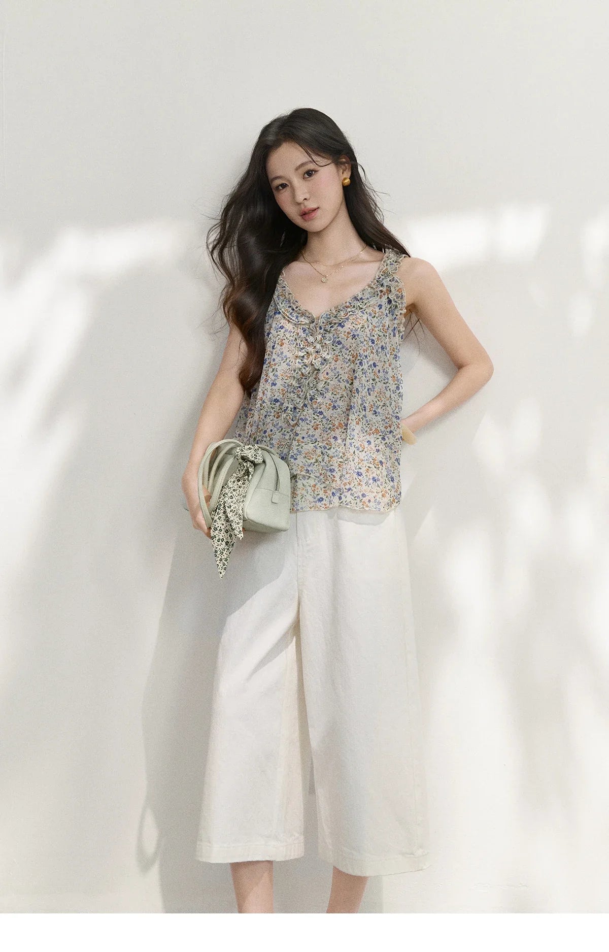 Fashion Floral Ruffles Camis For Women 2026 Summer New Loose A-Line Slimming Design Double Hem Vacation Top MXF26X2666
