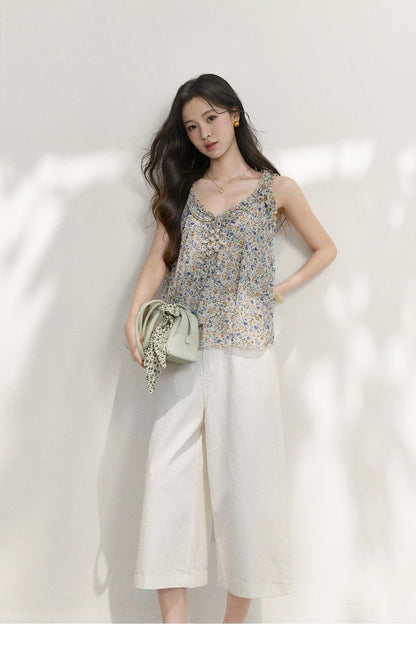 Fashion Floral Ruffles Camis For Women 2026 Summer New Loose A-Line Slimming Design Double Hem Vacation Top MXF26X2666