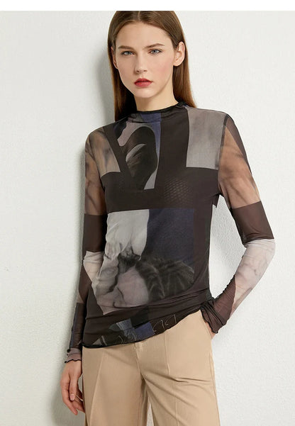 Minimalism Long sleeve T-shirts for Women 2025 Autumn New Bottoming Shirt Mesh Printing Inside Slim Trendy Tops 12421003