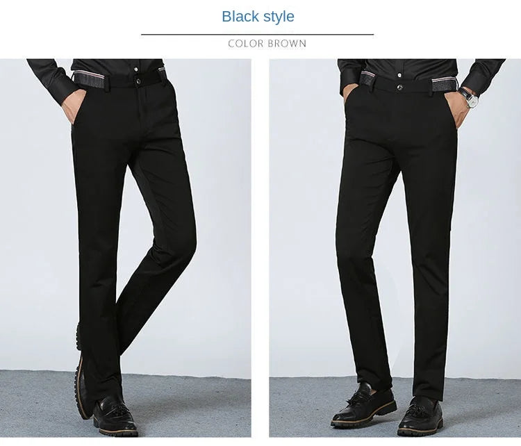 High Stretch Men's Dress Pants High Waist Elastic Formal Suit Pants Office Business Classic Casual Trousers Slim Fit Black Blue