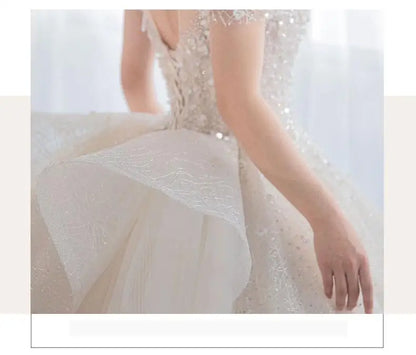 Luxury Short Sleeve Wedding Dress 2026 New Bridal Dress V Neck Beading Shinning Ball Gown Sweep Train Vestido  Noiva Customized