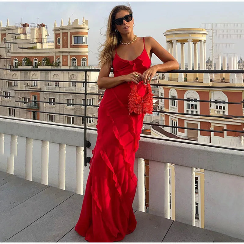 2024 Summer Fashion New Elegant Women's Sexy Chiffon Vacation Style Sling Dress with Ruffle Edge Style Long Dress