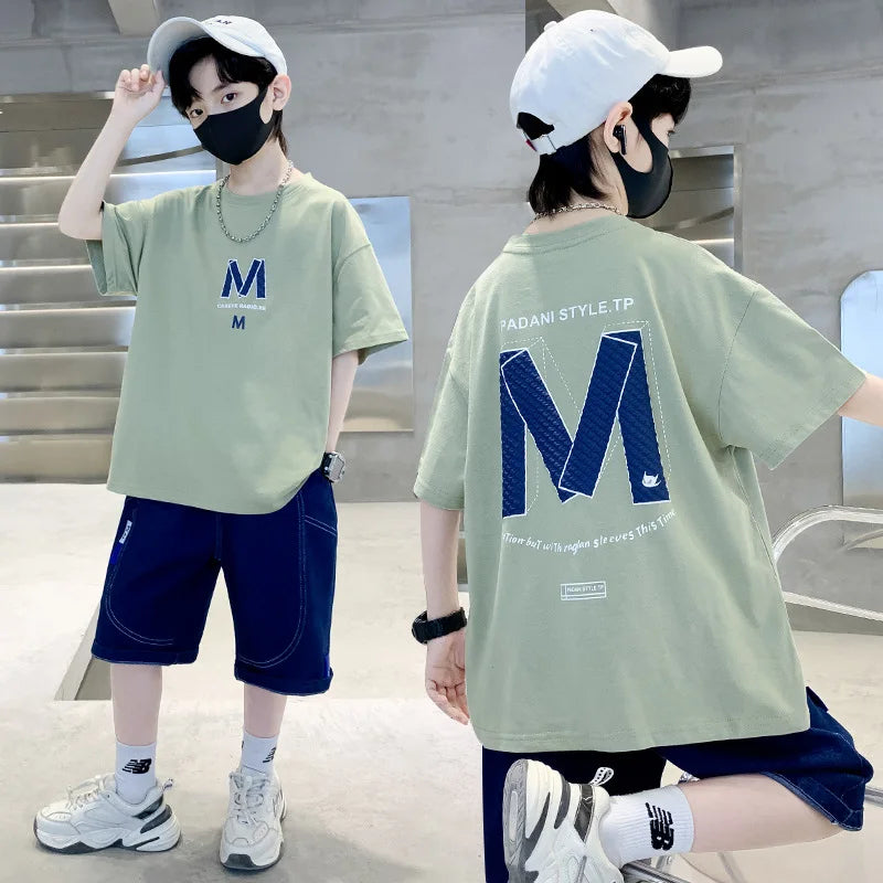 Summer Boys Cotton Leisure Loose Alphabet T-Shirt Top+Jeans Shorts Contrast Set School Kid 2PCS Tracksuit Children Outfit 5-16Yr
