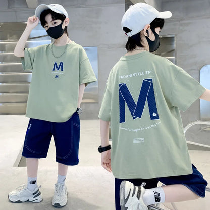 Summer Boys Cotton Leisure Loose Alphabet T-Shirt Top+Jeans Shorts Contrast Set School Kid 2PCS Tracksuit Children Outfit 5-16Yr