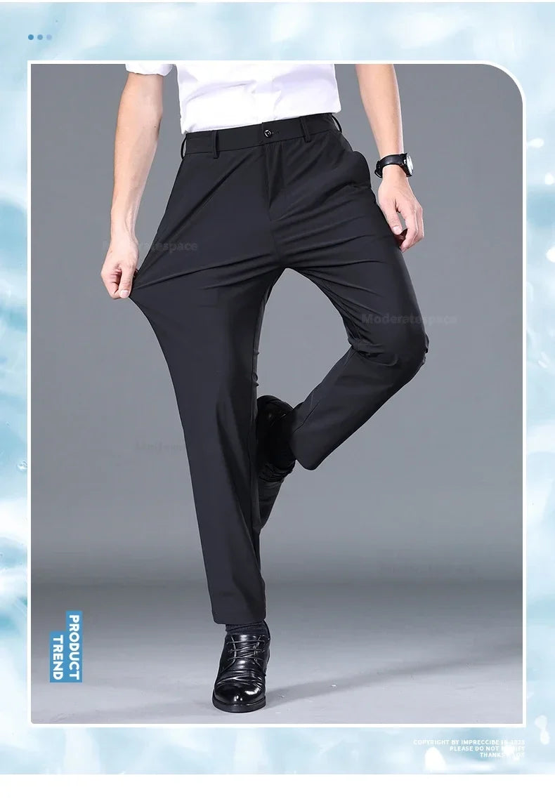 Summer Ultra-thin Casual Pants Men's High Elastic Quick-drying Ice Silk Straight Business Formal Casual Trousers Black Gray