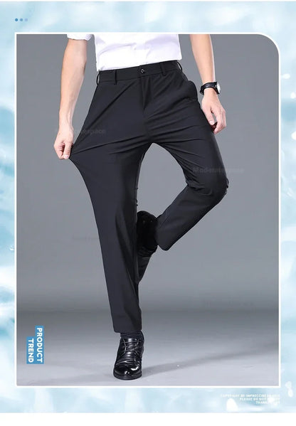 Summer Ultra-thin Casual Pants Men's High Elastic Quick-drying Ice Silk Straight Business Formal Casual Trousers Black Gray
