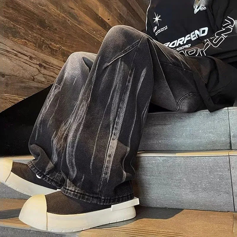 Autumn And Winter Dye Jeans Mens Denim Jeans New Casual Jeans Straight Leg Pants Baggy Pants Hip-Hop Pants