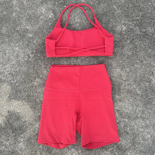Solid Color gym yoga short legging set soft tight women high strength cross Fitness Bra with sports cycling short 2pc sportswear