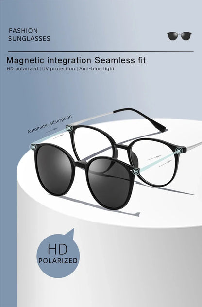 Magnetic Clip On Glasses Women Driving Polarised Round Pink Optical Myopia Eyewear Men Custom Prescription Glasses 2240