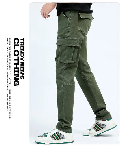 Men's Street Style Elastic Waist Denim Cargo Pants Solid Color Washed Slim Fit Casual Jeans with Multiple Pockets for Daily Wear