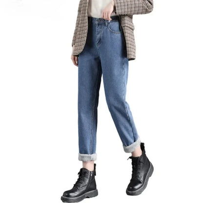 Winter Warm Slim Jeans Ladies Casual Denim Pencil Pants Thick Velvet Women Jeans High Waist Skinny Straight Jeans Fleece