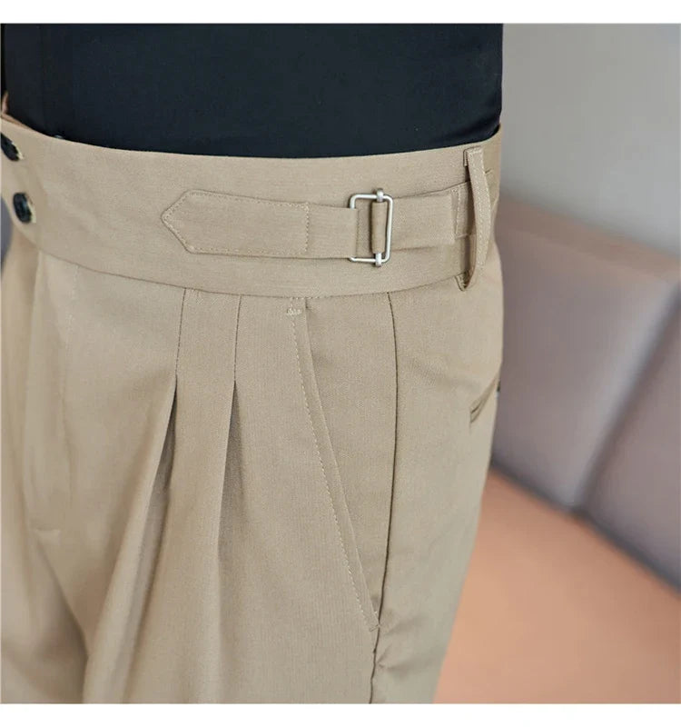 British Style Autumn New High Waist Trousers Men Belt Design Slim Fit Suit Pants Office Social Wedding Party Formal Pants Hommes