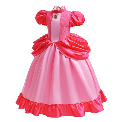 New 2026 Movie Inspired Lolita Princess Dress Super Plumber Bros's Friend Peach Costume Girls Pink Lace Frock Role Play Apparel
