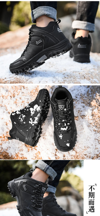 Winter Warm Cotton Shoes Men Outdoor Leather Black Casual Shoes Fur Sneakers High Top Rubber Ankle Boots Male Hiking Trekking 46