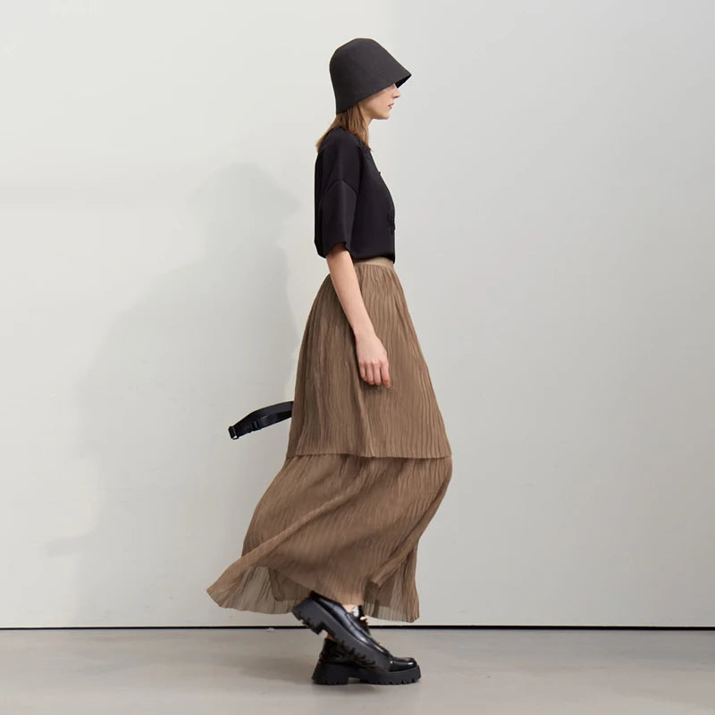 Long Skirt 2026 Spring New Casual Vacation Waist Pleated Mesh Long Skirt Women Loose Solid Versatile Woman Clothes 12621001