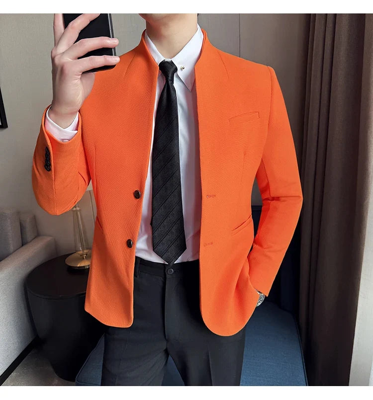 New Waffle Chinese Stand-Up Collar Blazers Men Slim Fit Business Casual Fashion Suits Jacket Formal Social Prom Party Tuxedos
