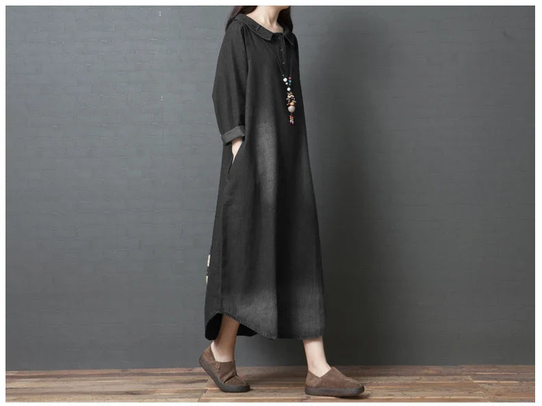 Women's Denim Dr Long Sve Loose Fit irt Sle Autumn Spring Faion plus Size Clothing Meat Concealing Slimming Skirt