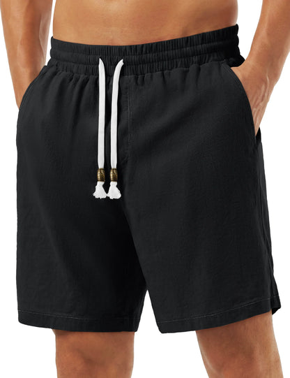 Men's Cotton Casual Shorts Loose Summer Beach Vacation Short Solid Pants with Deep Pockets Elastic Waist 7 Inch Inseam