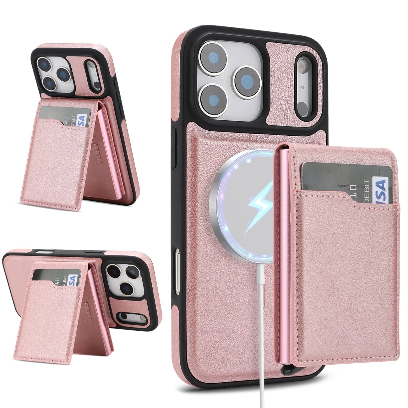 Magnetic Wallet Phone Case for iPhone 13 14 15 16 17 Pro Max, Wireless Charging Foldable Stand, Card Holder Protective Cover