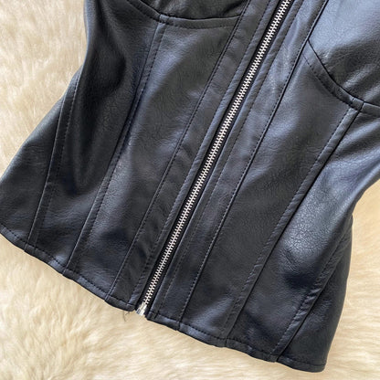 PU Leather Halter Camis Female Zipper Night Club Spicy Girl Tops Off Shoulder American Retro Sensual Bodycon Corset