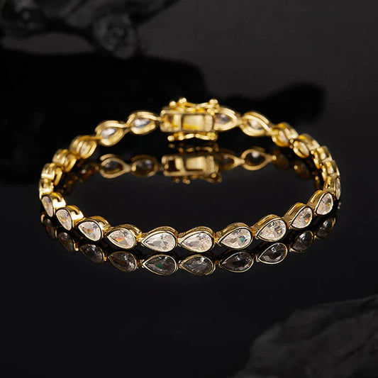 Bracelet de Tennis en Moissanite Zirconie Taille Poire Plaqué Or 18K pour Femmes Hommes, Pierres 4*6mm, Chaîne de Mariage Luxe en Argent Pur S925