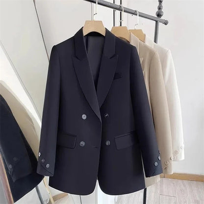 Women Blazers 2025 New Spring Autumn Loose Casual Suit Jackets Double Breasted Suit Collar Fashion Chic Cuff Design Female Tops