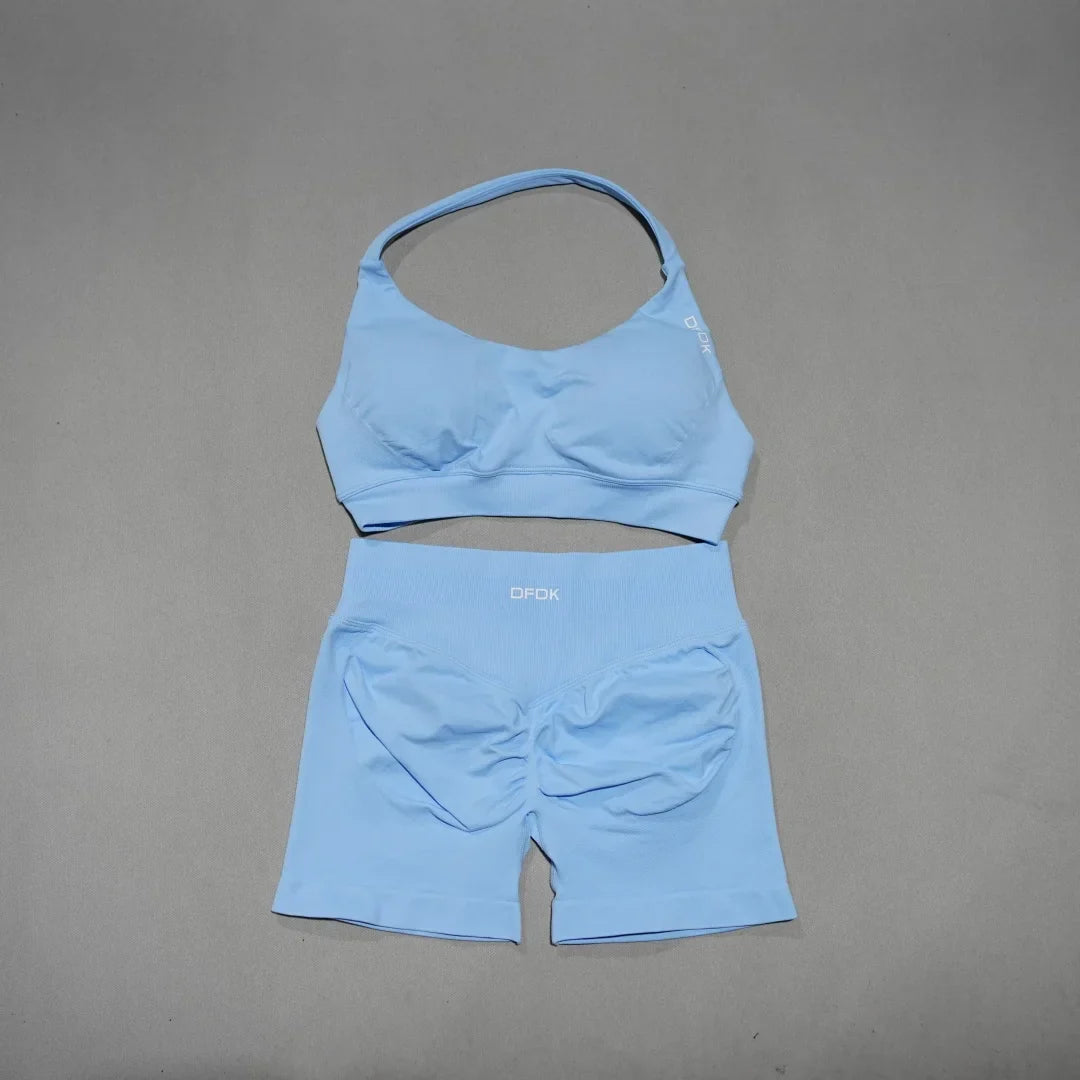 Women's Fashion 2 Piece Sports Set Lace Up Sports Bra Seamless Shorts Leggings Yoga Gym Fitness Running Tracksuit