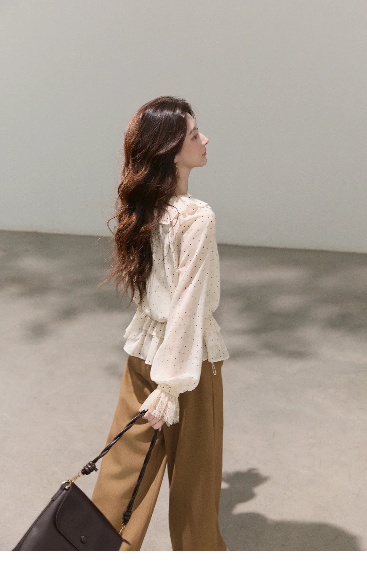 Retro Polka Dot Ruffle Chiffon Blouse 2026 Spring New Apricot Lace Cuffs Design Top Gentle Tie Shirt for Women MXF13X2530
