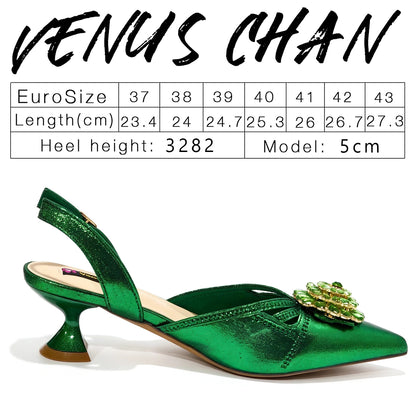 2026 New Arrival Italian-Inspired Green Rhinestone Pointed Toe Women’s High Heels with Matching Handbag Set Elegant Wedding