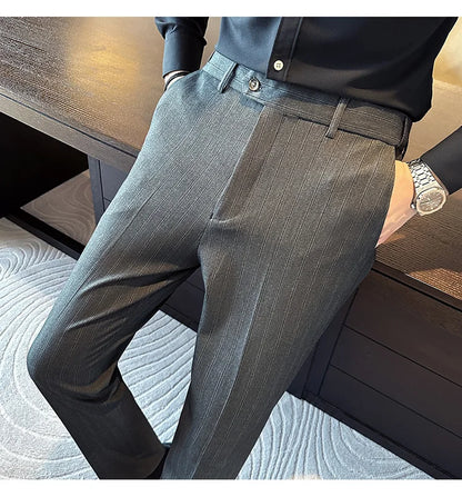 High Quality Striped Suit Pants 2025 Autumn New Fashion Slim Fit Business Elastic waisted Pants Male Wedding Party Trousers