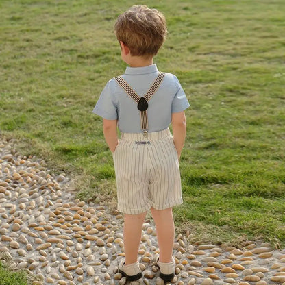 Kids Formal Strap Shirt Shorts Bowtie Clothing Set Boys Summer Wedding Birthday Dress Children Piano Performance Dance Costume