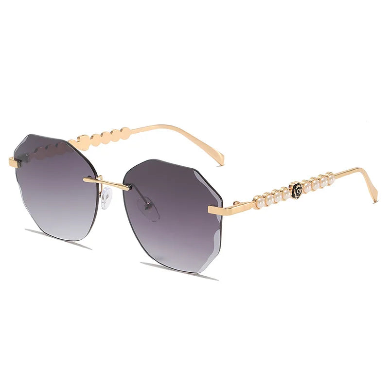 Women's Rimless Cut Edge Sunglasses Pearl Temple Gradient Lens Sun Glasses Elegant Y2K UV400 Shades Luxury Metal Fashion Eyewear