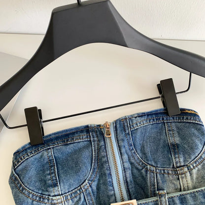 Vintage Denim Strapless Camis Backless Irregular Raw Hem Slim Distressed Crop Top Ladies Sashes Sexy Club Lingerie Top