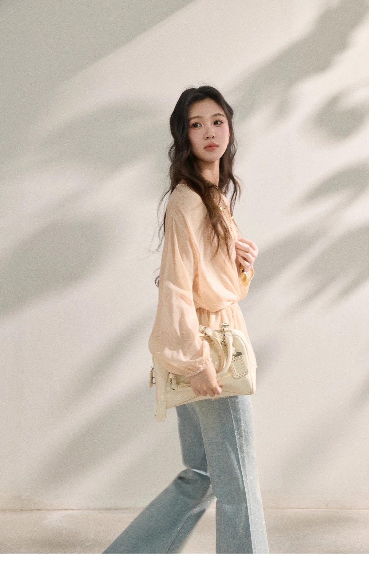 Women's French Style Beige Sheer Chiffon Blouse V Neck Lace Trim Elastic Waist Peplum Top For Spring Summer MXF16T1588