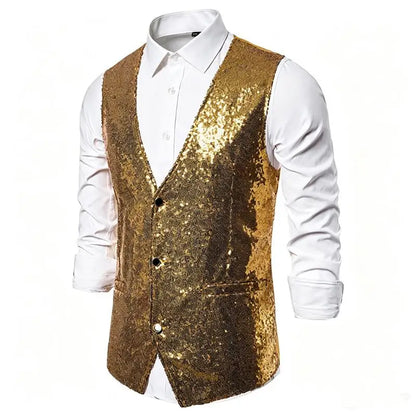 Shiny Sequin Men's V Neck Vest Single Breasted Suit Gilet Waistcoat for Wedding Prom Party Club Nightclub DJ Stage Performance