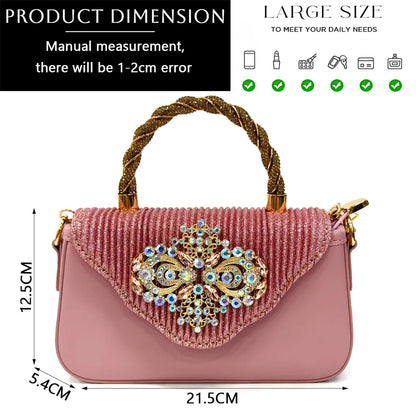 2024 Nigerian Women's Pink High Heel Frosted Crystal Shiny Rhinestone Party Italian Design Pointed Shoes And Bag Set