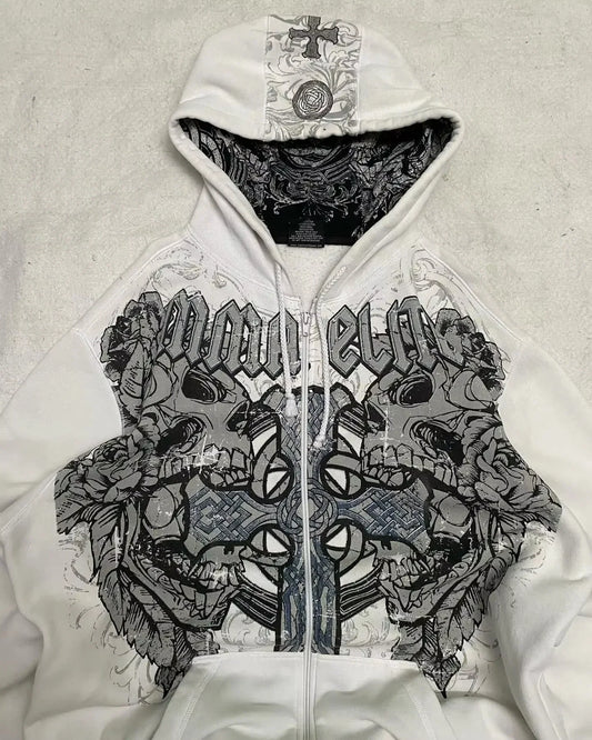 American Y2K New Hip Hop Trend Zipper Hoodie Women Street Casual Loose Joker Vintage Sweatshirt Unisex Fleece Padded Warm Hoodie