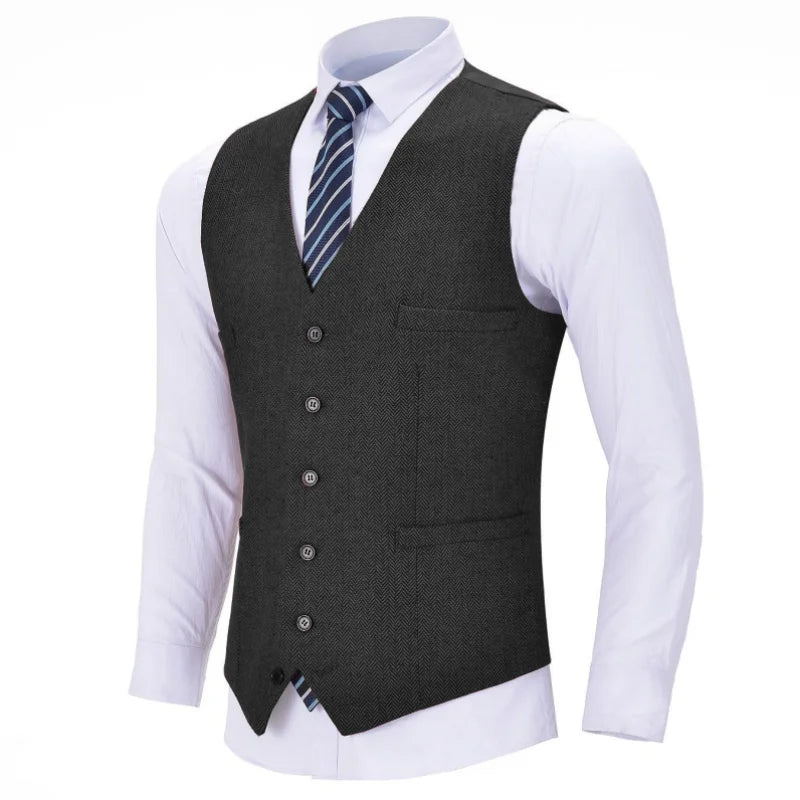 Men Vest Red Solid V Neck Herringbone Waistcoat For Wedding Business Birthday Banquet Work Set Men Suit Vest
