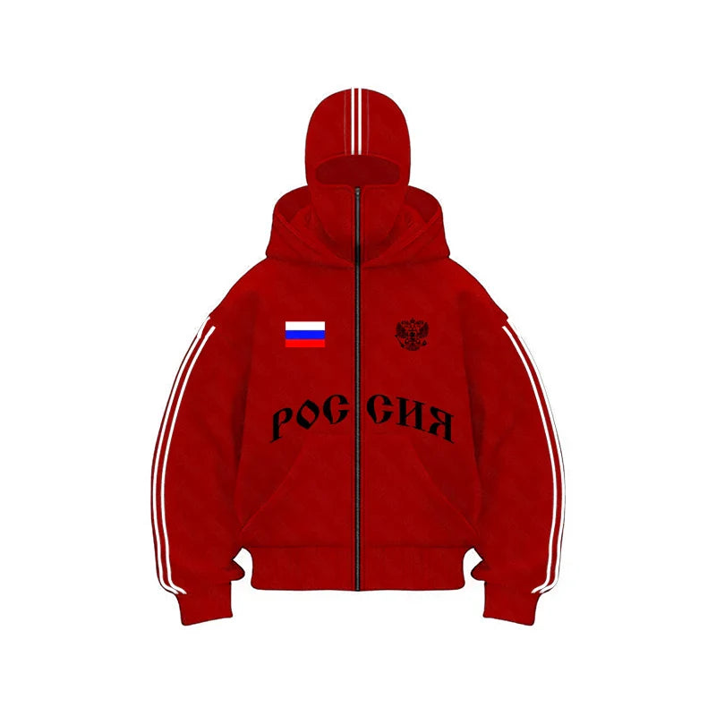Russia Hot Sale Vintage Double Zip Hoodies Y2K Clothes Men Hip Hop Lettering Graphic Oversized Hoodies Sweatshirts Casual Jacket