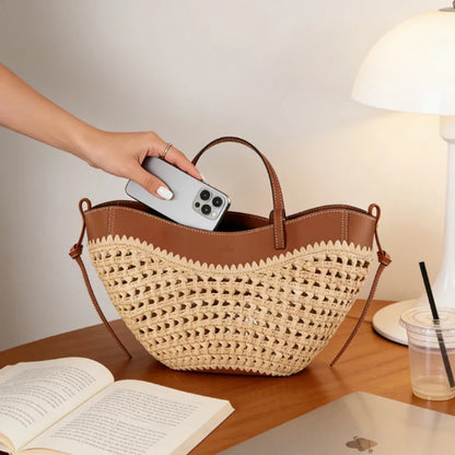 2026 Summer Hollow-out Raffia and Pu Leather Everyday Bag Lightweight Handcrafted Large Straw Tote Bag for Women Beach Bags