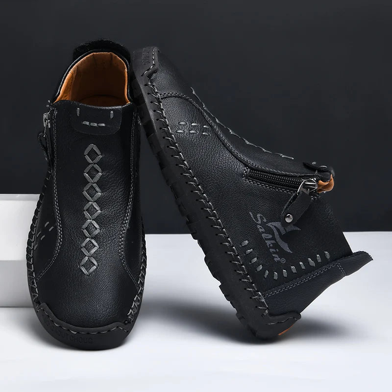New Winter 2024 Handmade Leather Men Boots Zipper Design Sneakers Man Breathable Casual Leather Shoes Men Ankle Boots Outdoor
