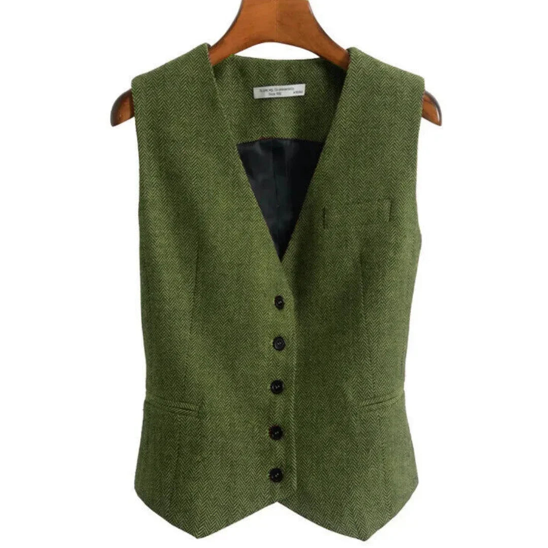 Women Vest Brown Fashion Vintage Herringbone Single Breasted Slim Fit Business Casual Profession Work Women Waistcoat