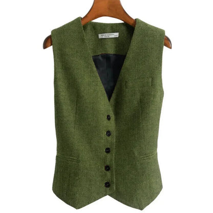 Women Vest Brown Fashion Vintage Herringbone Single Breasted Slim Fit Business Casual Profession Work Women Waistcoat