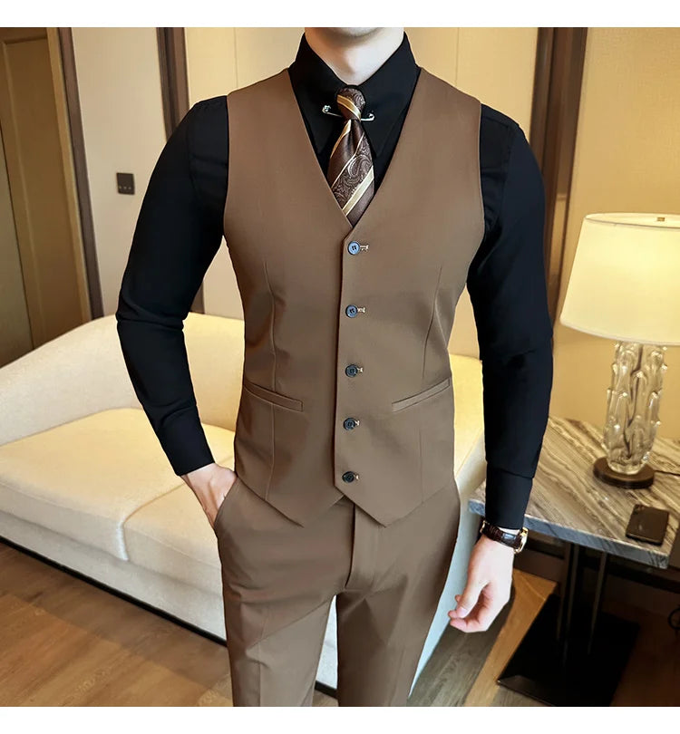 ( Vest + Pants) Men Luxury High Quality Business Suit Vest 2 pieces Formal Groom Wedding Dress Vest Set Fashion Club Clothing