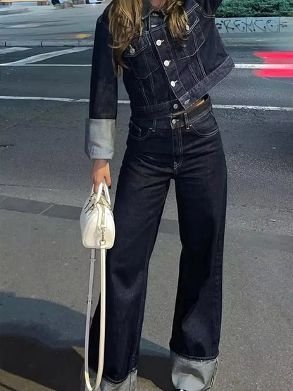 Women's High-Waisted Jeans Slim Trailing Trousers Rolled Leg Denim Pant Fashion Lady High Street Casual Wide-Leg Jeans